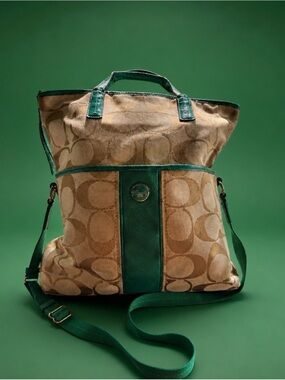 Coach Tan Signature Canvas Tote with Green Leather Accents